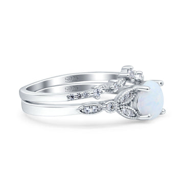 Two Piece Vintage Style Wedding Bridal Set Ring Band Round Lab Created White Opal 925 Sterling Silver